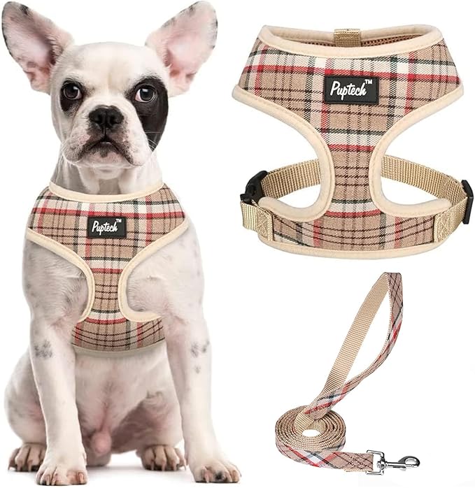 PUPTECK Soft Mesh Dog Harness and Leash Set Pet Puppy Cat Comfort Padded Vest No Pull Harnesses, Khaki, M