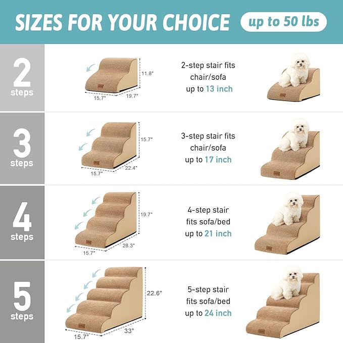 Dog Stairs for Small Dogs 15.7" H, Curved Dog Step for Puppy, Older Cat, Medium Pet Ramp for Sofa, Couch or Bed, Ladder with High Density Foam, 15.7x22.4x15.7 inch, 3 Step, Light Brown
