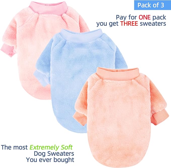 FabriCastle Dog Sweaters, 3-Pack Dog Clothes for Small Dogs Girl & Cats, Soft and Warm Pet Coats XXS - XXL, Winter Pet Jackets, Doggy Apparel Costumes, Puppy Outfits (Ballet pink,Skyblue,Peach, Small)
