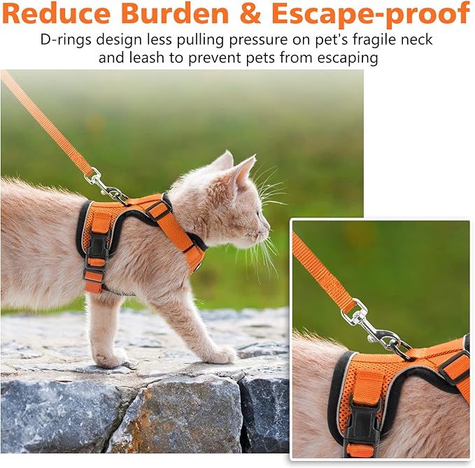 Dooradar Cat Harness and Leash Set, Escape Proof Safe Adjustable Kitten Vest Harnesses for Walking, Easy Control Soft Breathable Mesh Jacket with Reflective Strips for Cats, Orange, XS