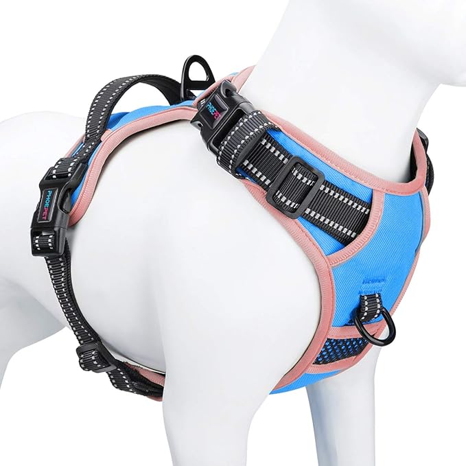 PHOEPET 2019 No Pull Dog Harness Medium Reflective Front Clip Vest with Handle,Adjustable 2 Metal Rings 3 Buckles,[Easy to Put on & Take Off](M, Blue)