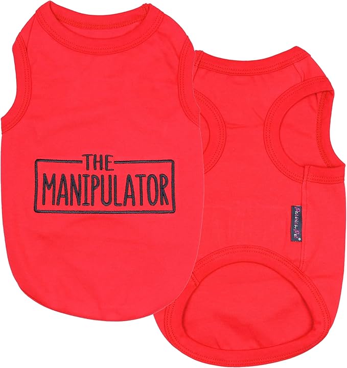 Parisian Pet Dog Tshirt - Embroidered “ Manipulator “ Tank Top - Breathable and Lightweight Dog Clothes - Sleeveless Red Tee Shirts - Machine Washable Shirt for Small Dogs - S