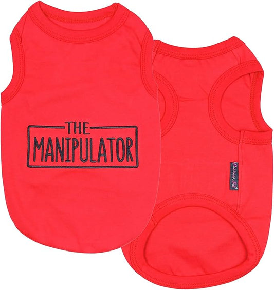 Parisian Pet Dog Tshirt - Embroidered “ Manipulator “ Tank Top - Breathable and Lightweight Dog Clothes - Sleeveless Red Tee Shirts - Machine Washable Shirt for Large Dogs - XL