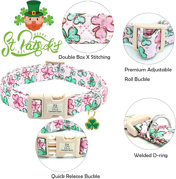 Lionheart glory St. Patrick Dog Collar, Clover Pink Dog Collar for Small Dogs Spring Female Dog Collars Adjustable Heavy-Duty Dog Collars Pet Gift Plastic Buckle