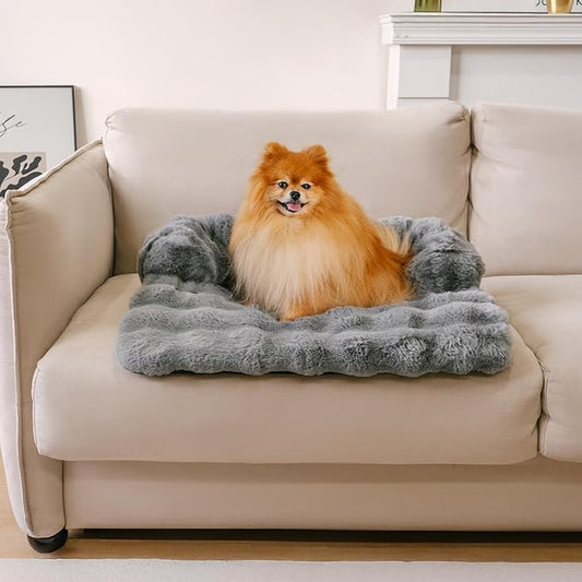 FUNNYFUZZY Calming Dog Bed Mat, Fluffy Fuzzy Couch Cover for Sofa, Furniture Protector with Removable Washable Cover for Small Dogs and Cats (Grey,27.56 × 24.02 × 5.51 in)