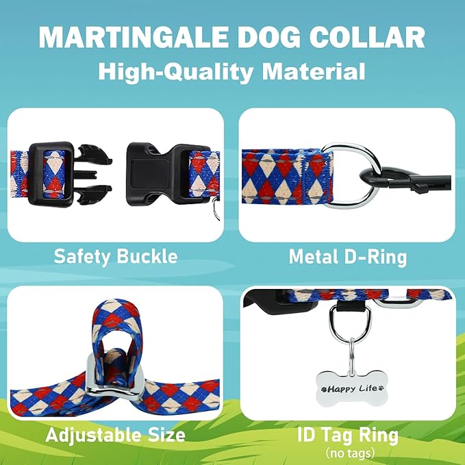 Reflective Martingale Dog Collar with Buckle Soft Nylon Geometric Patterns Pet Collars for Large Dogs (Argyle, L)