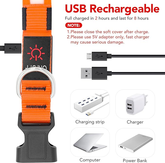 Vizpet LED Dog Collar, Light Up Dog Collar Adjustable USB Rechargeable Super Bright Safety Light Glowing Collars for Dogs(Medium,Orange)