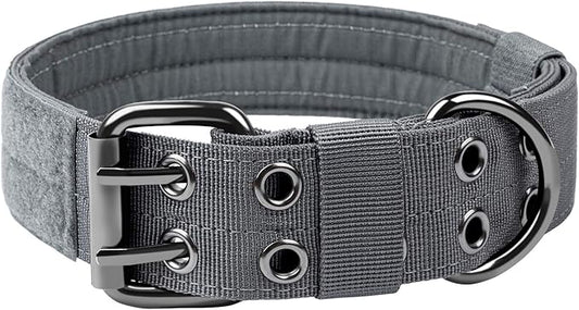 OneTigris Military Adjustable Dog Collar with Metal D Ring & Buckle 2 Sizes (M, Grey)