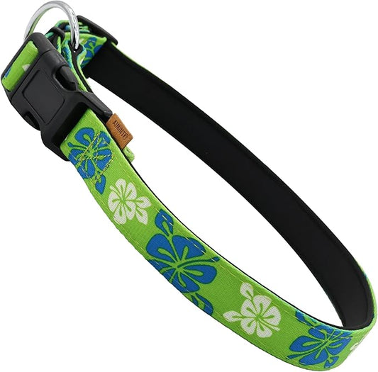 Dog Collar, Cute Floral Pattern, Neoprene Padded and Adjustable Collar with Quick Release Buckle, Reinforced Structure (L (Neck 18-28", Width 1"), Hawaiian Green)