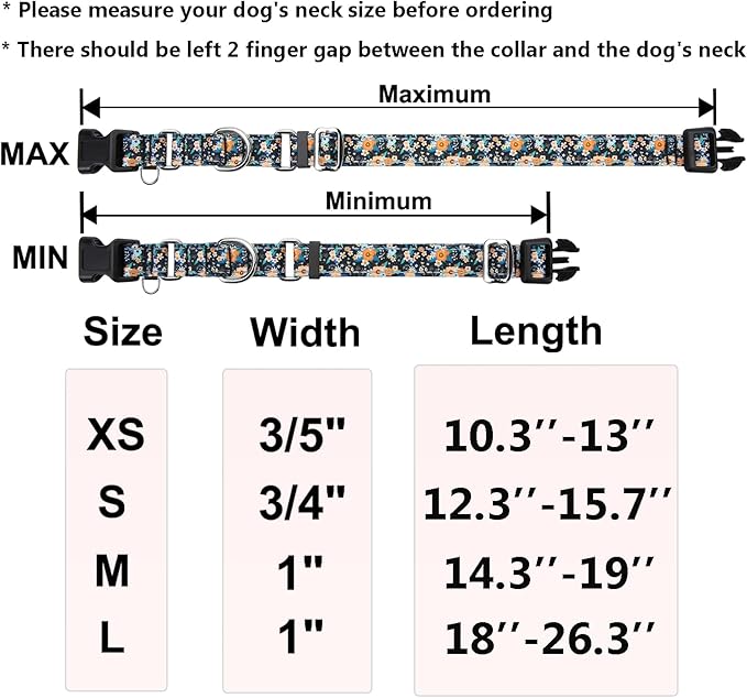 Reflective Martingale Dog Collar with Buckle Soft Nylon Floral No Slip Dog Collars for Small Dogs (Black Orange Flowers, S)