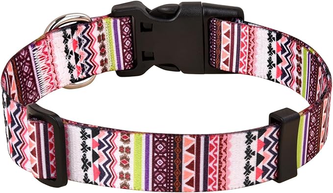 Dog Collar with Bohemia Floral Tribal Geometric Patterns - Soft Ethnic Style Collar Adjustable for Small Medium Large Dogs(Pink Bohemia,L)