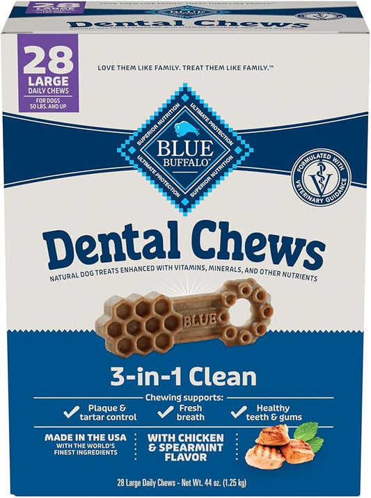 Blue Buffalo Large Dental Chews for Dogs, Daily Dental Care Dog Treats Made in The USA with Natural Ingredients, Chicken & Spearmint (44-oz Box, 28 Count)