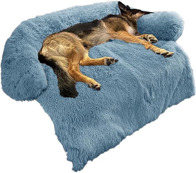Calming Dog Bed Fluffy Plush Dog Mat for Furniture Protector with Removable Washable Cover for Large Medium Small Dogs and Cats (Large, Navy)
