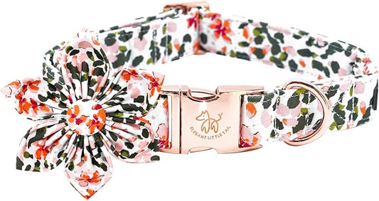 Elegant Little Tail Pink Flower Dog Collar with Bowtie, Spring Flower Cute Pink Pet Collar Bow, Adjustable Dog Collar for Large Dogs