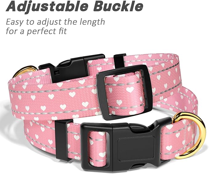 Reflective Dog Collar for Extra Small Dogs, Cute Adjustable Heavy-Duty Nylon Puppy Collars for Boy and Girl Female, Soft Pet Accessories with Quick Release Buckle, Neck 8-12", Pink Hearts