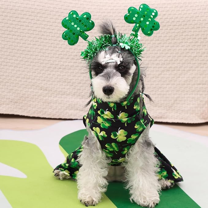 CuteBone Turtleneck Dog Velvet Dress St. Patrick's Day Four Leaf Clover Puppy Skirt Costume Pet Clothes Cat Apparel with Bow Hair Rope for Small Dogs CVD20XS
