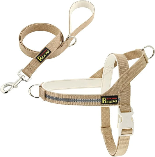 Plutus Pet Cotton Dog Harness and Leash Set, Reflective and Soft Padded, Quick Fit Vest Harness, for Small, Medium and Large Dogs, Beige, XXS