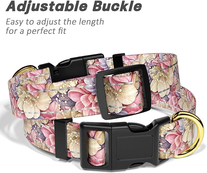 Reflective Dog Collar for Medium Dogs, Cute Flower Theme Adjustable Heavy-Duty Nylon Puppy Collar for Boy and Girl Female, Soft Pet Accessories with Quick Release Buckle, Colorful Floral