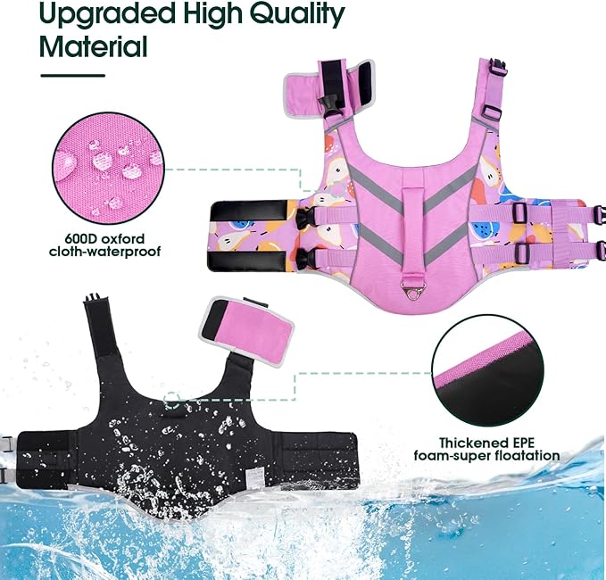 Kuoser Dog Life Jacket with Reflective Stripes, Puppy Water Vest for Swimming Boating, Adjustable High Visibility Dog PFD Vest with High Flotation Swimsuit, Pear XL