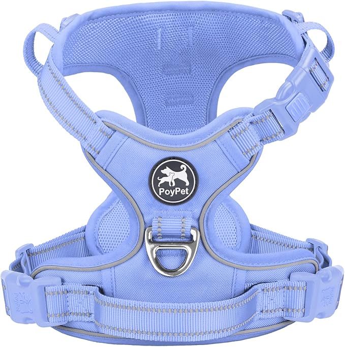 PoyPet No Pull Dog Harness, No Choke Reflective Dog Vest, Adjustable Pet Harnesses with Easy Control Padded Handle for Small Medium Large Dogs(Light Blue Matching Trim,S)