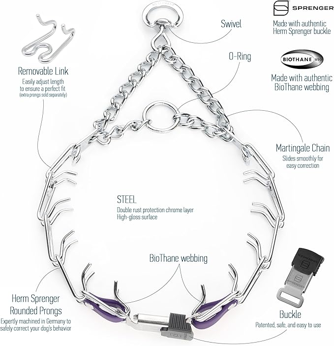 Herm Sprenger Chrome Plated Steel Dog Collar with Quick Release ClicLock Buckle and Biothane Insert Training Collar for Dogs Made in Germany (Violet Purple, 23in x 3.2mm(Neck Size up to19-20in))