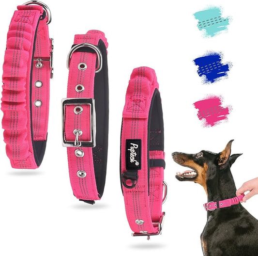 PUPTECK Heavy Duty Dog Collar with Handle Bungee for Small Medium Large Dogs, Tactical Dog Training Collar for Easy Control, Reflective Padded Dog Collars for Walking Running, Deep Pink, L