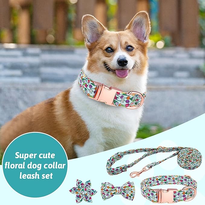 Dog Collar and Leash Set Girls Adjustable Puppy Collars with Floral Bow Tie for Small Medium Large Female Dogs, Tulip, XS