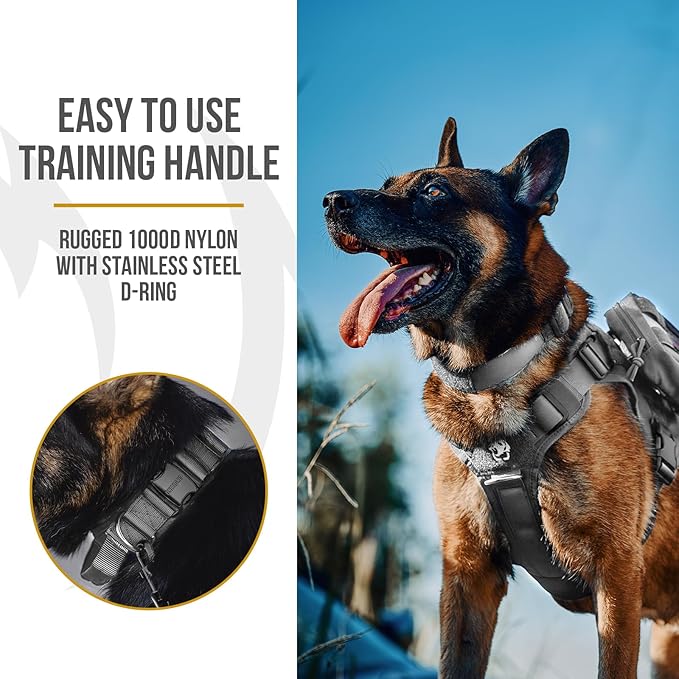 OneTigris Tough Dog Collars, Tactical Dog Collar with Handle, Milltary Adjustable Dog Collar with Heavy Duty Metal Buckle for Training (Large,Gray)