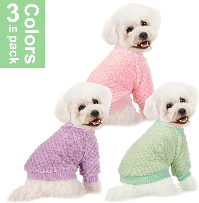 Dog Sweater, 3 Pack Dog Sweaters for Small Medium Dogs or Cat, Warm Soft Flannel Pet Clothes for Dogs Girl or Boy, Dog Shirt Coat Jacket (Large, Pink+Purple+Light Green)
