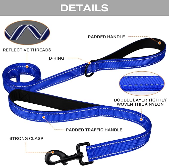 Joytale Dog Leash Heavy Duty for Large Dogs That Pull, Double Handle for Traffic Control, Double-Sided Reflective Leashes for Large Medium Dogs Night Safety, 4FT, Royal Blue
