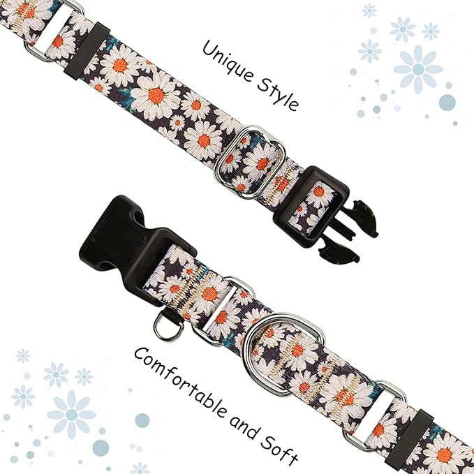 Quick Release Dog Collar Martingale Adjustable Nylon Soft Flower Dog Collars with Buckle (Daisy,XLarge)