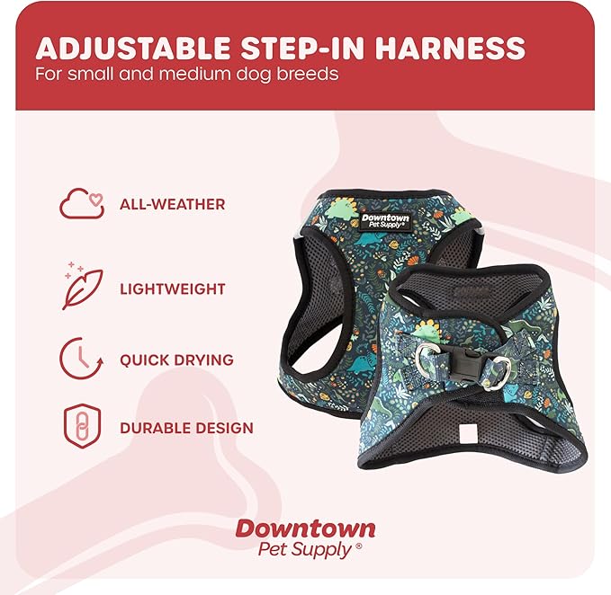 Downtown Pet Supply Step in Dog Harness No Pull, X-Large, Dinosaur - Adjustable Harness with Padded Mesh Fabric and Reflective Trim - Buckle Strap Harness for Dogs