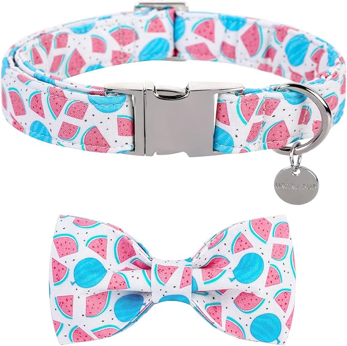 Dog Collar with Bow Tie, Durable Comfortable Cotton Cute Dog Bowtie Collar for Small Dog Girl Boy, Summer Dog Collar with Metal Buckle, S