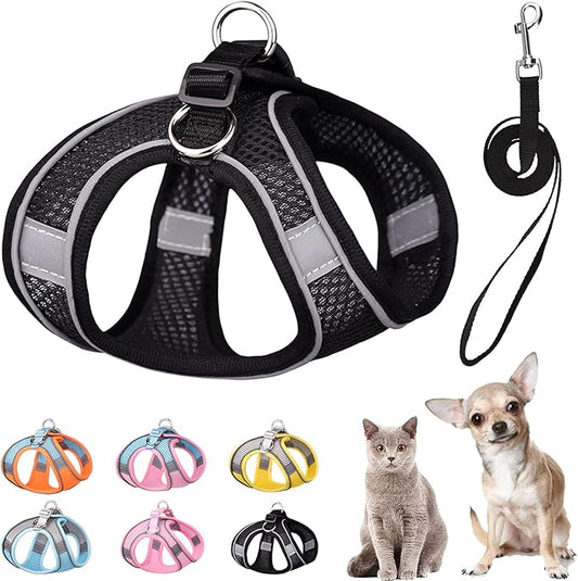 Soft Small Dog Harness and Leash Set Mesh Puppy Harnesses Leash Easy Walk Dog Harness Vest Adjustable Reflective No Pull Dog Harnesses for Small Dogs Cats (Black,S)