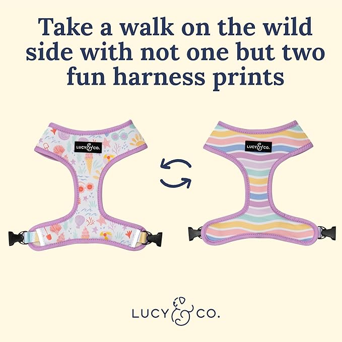 Lucy & Co. Cute Reversible Dog Harness Walking Halter - Best Designer Pet Harnesses for XS - XL Dogs - Padded Adjustable Vest for Easy Walking - Large -Pastel Seashells