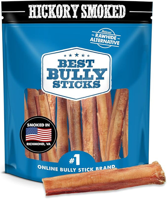 Best Bully Sticks Hickory Smoked Thick 6 Inch Bully Sticks - 10 Count (Pack of 1) - 100% Natural, Grain and Odor-Free, Smoky Aroma, No Additives, Grass-Fed