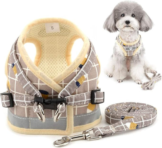 Zunea No Pull Small Dog Harness and Leash Set Adjustable Reflective Step-in Chihuahua Vest Harnesses Mesh Padded Plaid Escape Proof Walking Puppy Jacket for Boy Girl Pet Dogs Cats Khaki XL