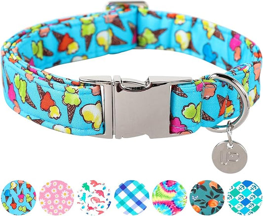 Ice Cream Summer Cotton Dog Collar with Metal Buckle Gift Collar for Small Medium Large Girls or Boys Dogs Cute Durable Comfortable Pet Collars