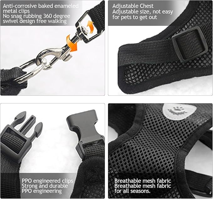 shudyear Dog Walking Chest Harness and Leash, Anti-Escape Adjustable Soft Mesh Dog Leash and Harness Set for Small Dog and Puppies, Vest for Medium Sized Dogs (Black, M)