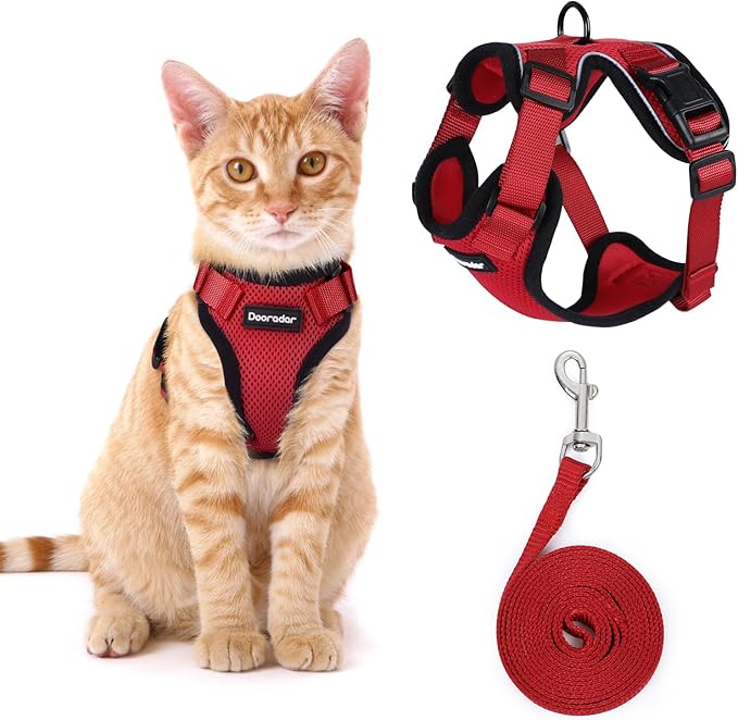 Dooradar Cat Harness and Leash Set, Escape Proof Safe Adjustable Kitten Vest Harnesses for Walking, Easy Control Soft Breathable Mesh Jacket with Reflective Strips for Cats, Red, S