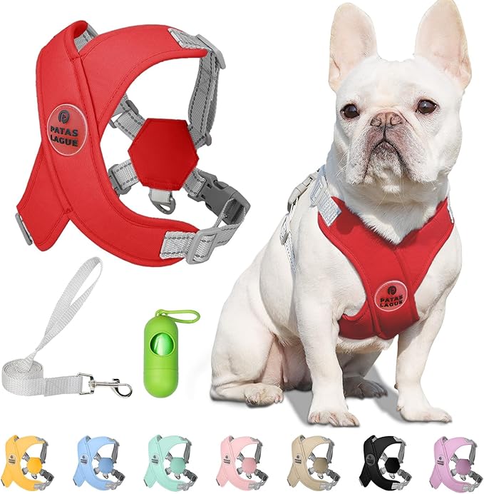 Patas Lague Dog Harness with Leash Set Adjustable Soft Padded Step-in Dog Vest No Choke No Pull Reflective for Small Medium Pets with Poop Bags and Dispenser, Solid and No-chew, Red M