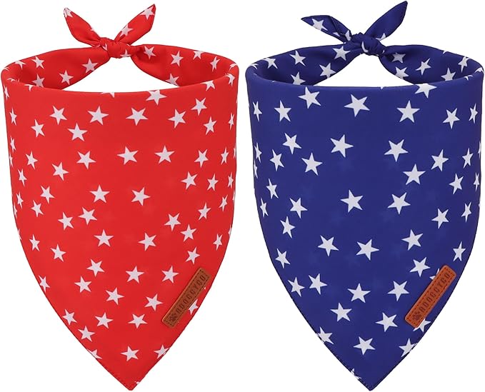 ADOGGYGO Star Dog Bandana 2 Pack, Reversible Red Blue Patriotic Pet Scarf Bib, Adjustable Fit 4th of July Star Bandanas for Medium Large Dogs Pets (Large)