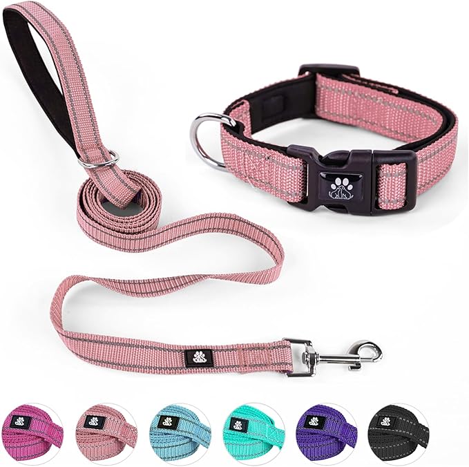 NESTROAD Reflective Dog Collar and Leash Set,Soft Neoprene Pet Collar with Quick Release Buckle,Adjustable Nylon Dog Collars for Small Medium Large Dogs(Small Collar + 5FT Leash,Pink)