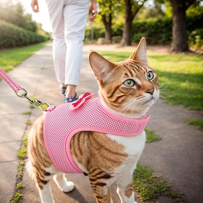Rabbit Harness and Leash Set with Cute Bow tie Buckle Breathable Mesh Vest Harness for Rabbits Kitten Small Pets Pig Walking(M: Chest Girth 9.44-11.02IN, Pink)
