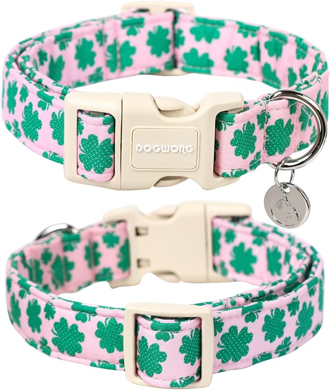 DOGWONG St. Patrick's Day Dog Collar, Pink Lucky Clover Shamrock Dog Collar Soft Durable Adjustable Costume Lucky Charm Puppy Collar for Small Medium Large Dog