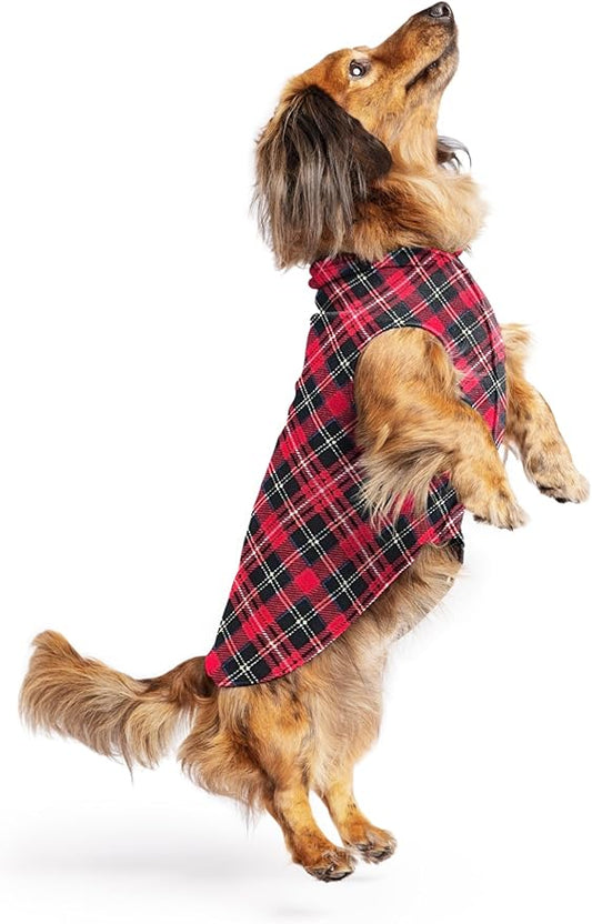 Stretch Fleece Dog Coat, Stretchy Pet Sweater, Machine Washable Pullover for Winter and Fall, Red Classic Plaid, 12