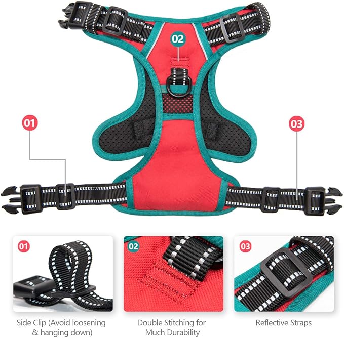 PHOEPET No Pull Dog Harness, Unique Colors Reflective Adjustable Dog Vest, with Soft Training Handle Metal Clips for Small Medium Large Dogs (Red Base & Teal Straps,XL)