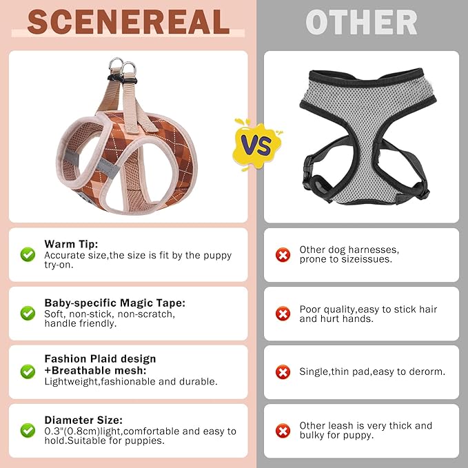 SCENEREAL Dog Harness Collar and Leash Set, Step-in No Pull Pet Vest Harnesses for Small Medium Dogs Puppy Cats, Soft Mesh No-Chock Reflective Vest Harness for Outdoor Walking Running, Brown Plaid XS