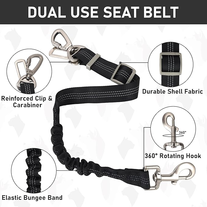 GAMUDA Dog Harness, Collar and Seat Belt Set, Vehicle Safety Harness, Retractable Adjustable Pet Seatbelts with Travel Strap and Carabiner for Most Cars (Black, XXS)