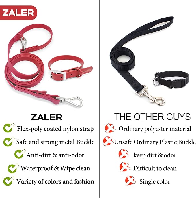 ZALER Dog Collar and Leash Set, Waterproof Adjustable Odor Proof Pet Collars Leashes Easy to Clean, 6FT Dog Leash with 2 Hooks for Large, Medium Small Dogs (M, Red)